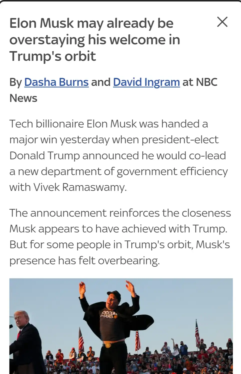 A screenshot of an NBC News article with the headline 'Elon Musk may already be overstaying his welcome in Trump's orbit' by…