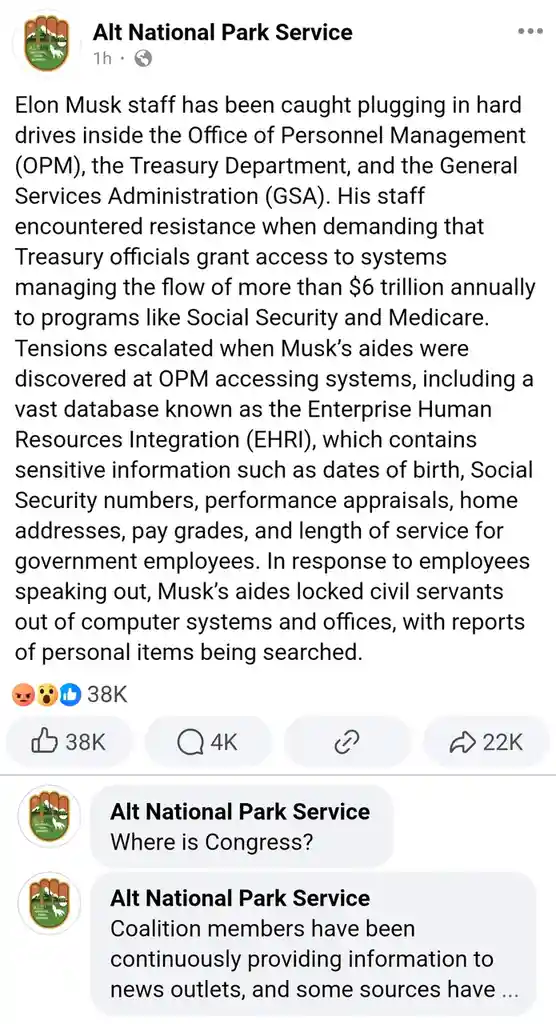 A screenshot of a Facebook post from 'Alt National Park Service' with a long text alleging that Elon Musk's staff accessed…