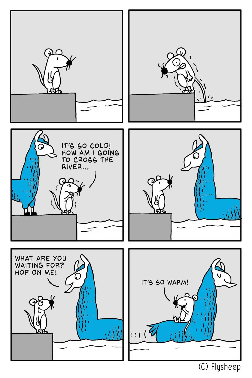 A six-panel comic strip shows a mouse shivering on a riverbank, lamenting the cold. A blue llama appears, offering to carry…