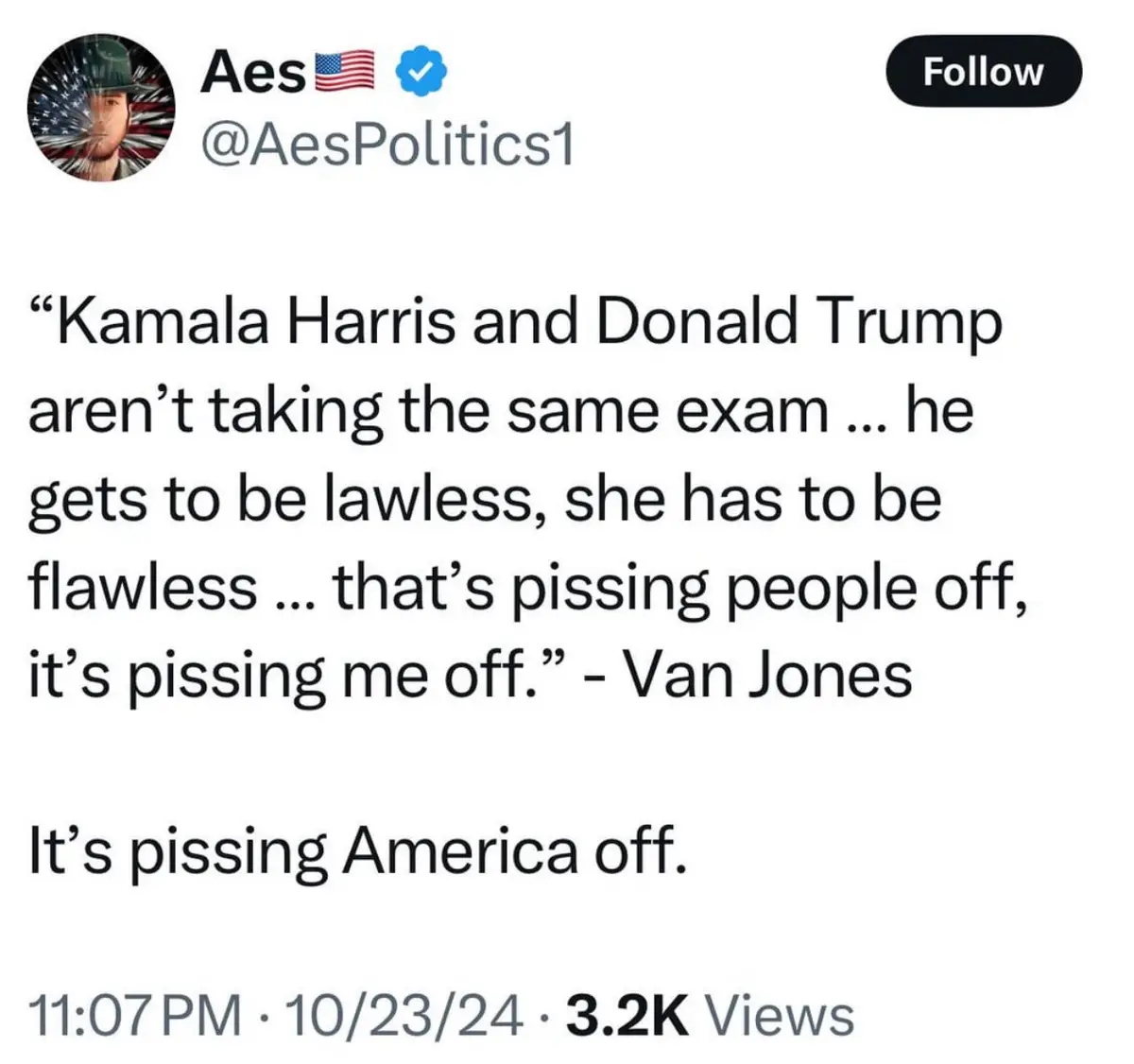 A screenshot of a tweet from @AesPolitics1 showing a quote attributed to Van Jones comparing Donald Trump and Kamala Harris…