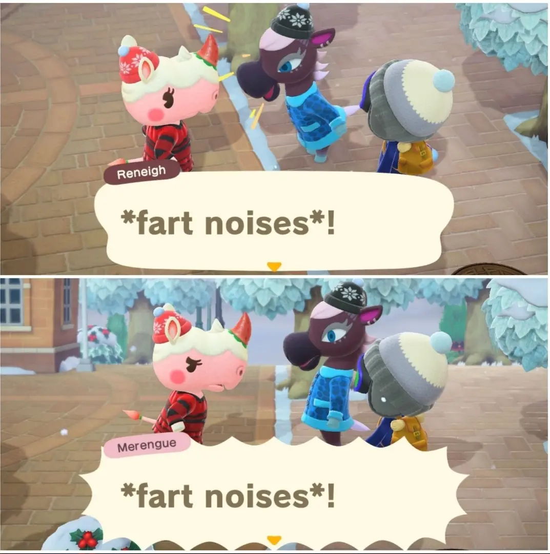 Two panels from Animal Crossing show the same three animal characters in winter outfits. In the top panel, a pink pig…