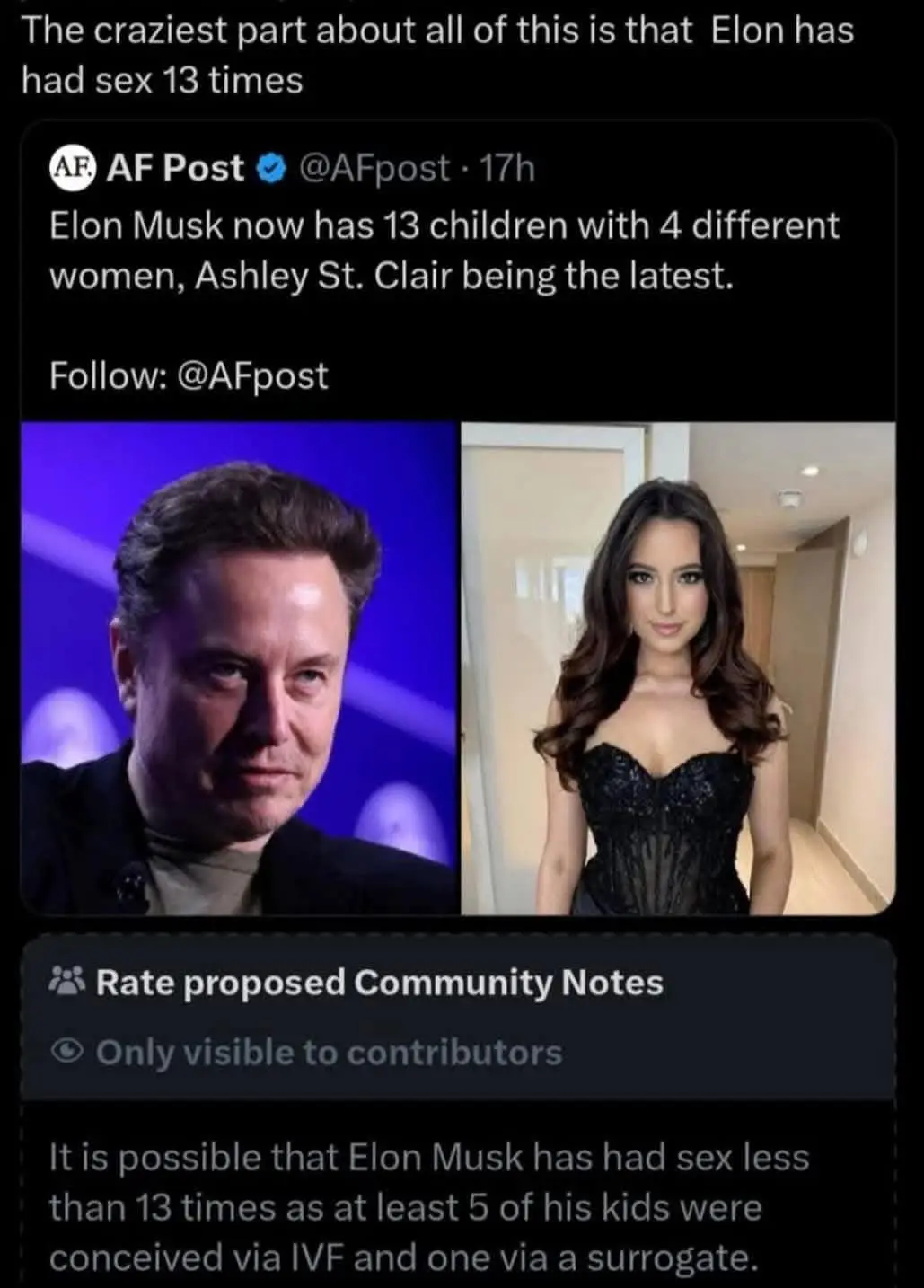 The image displays a screenshot of a Twitter post from 'AF Post' claiming Elon Musk has 13 children with 4 different women…