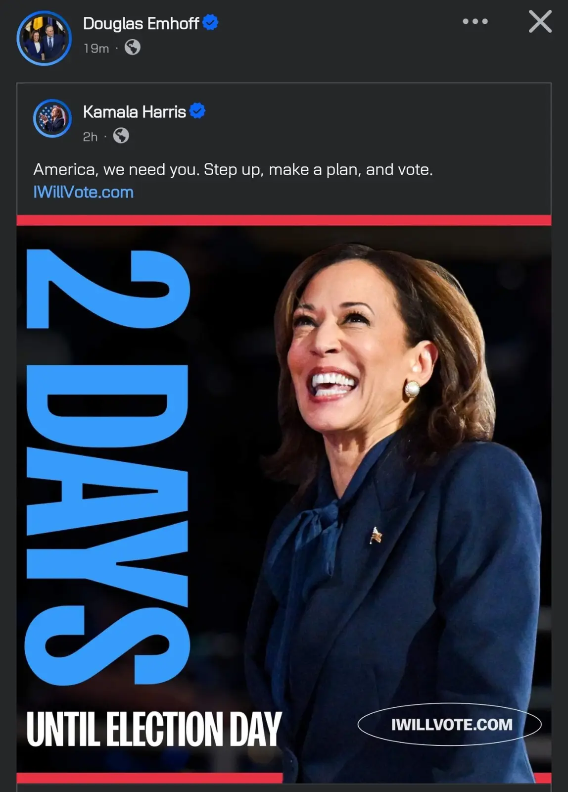 A screenshot of a social media post by Douglas Emhoff showing a post by Kamala Harris encouraging voting. The image features…