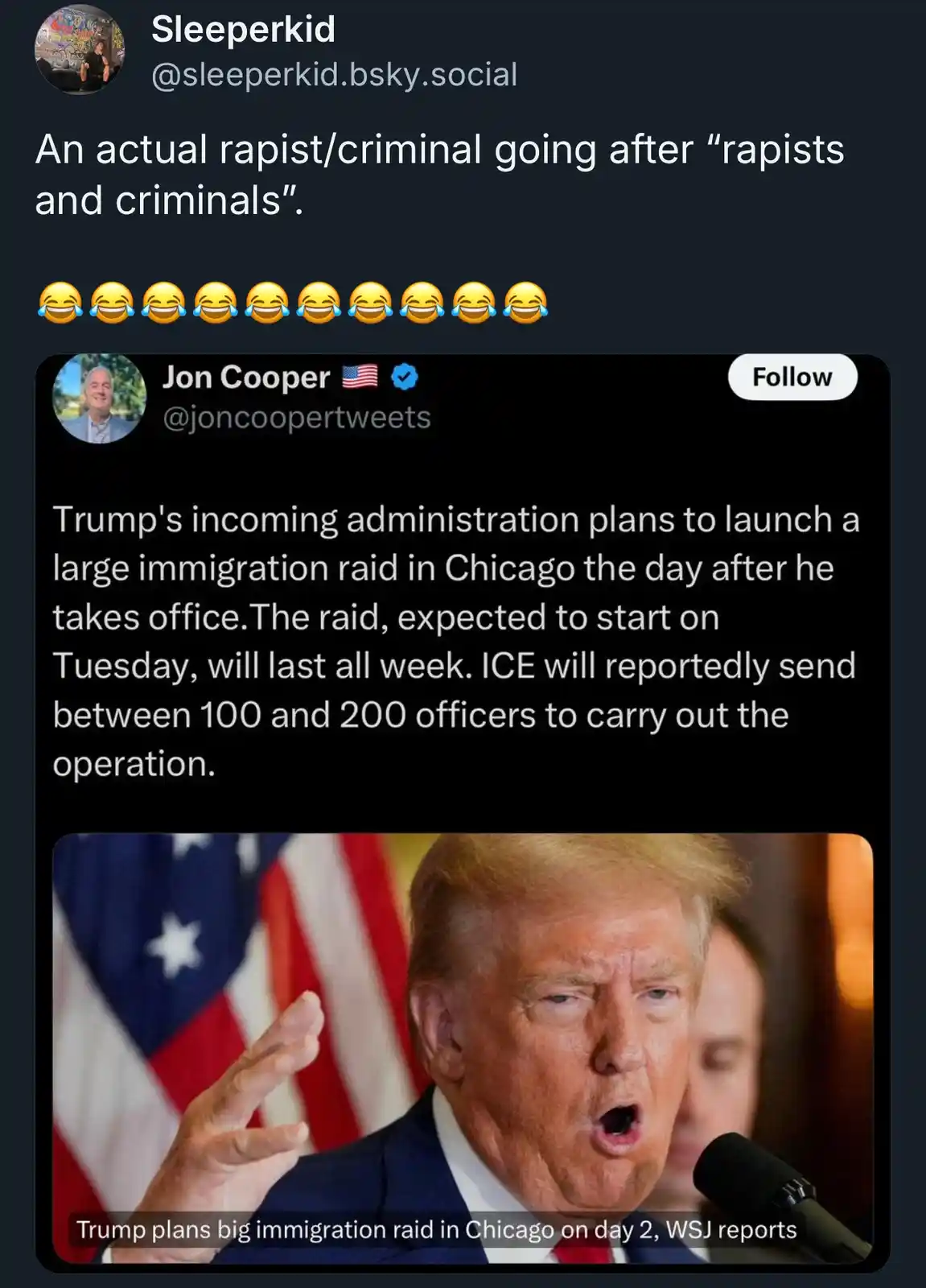 A screenshot of a social media post showing a tweet from Jon Cooper about Trump's planned immigration raid in Chicago…