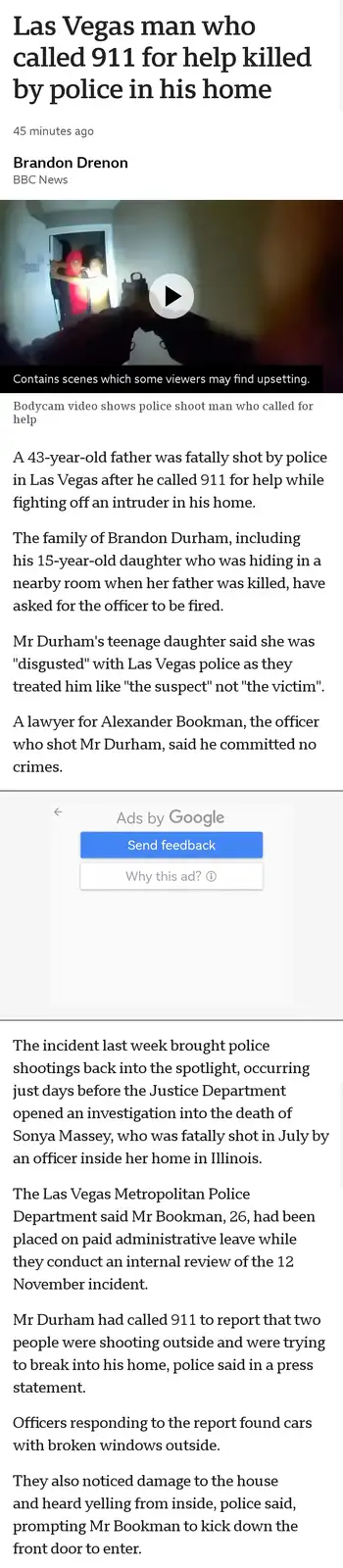 A screenshot of a BBC News article about a Las Vegas man, Brandon Durham, who was fatally shot by police while defending his…