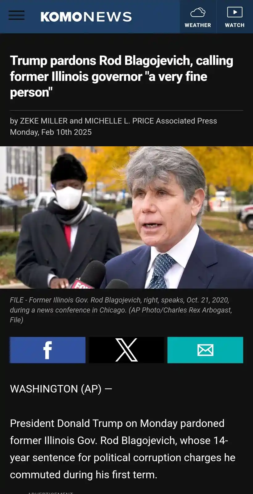 A screenshot of a KOMO News article from February 10, 2025, featuring a photo of former Illinois Governor Rod Blagojevich…