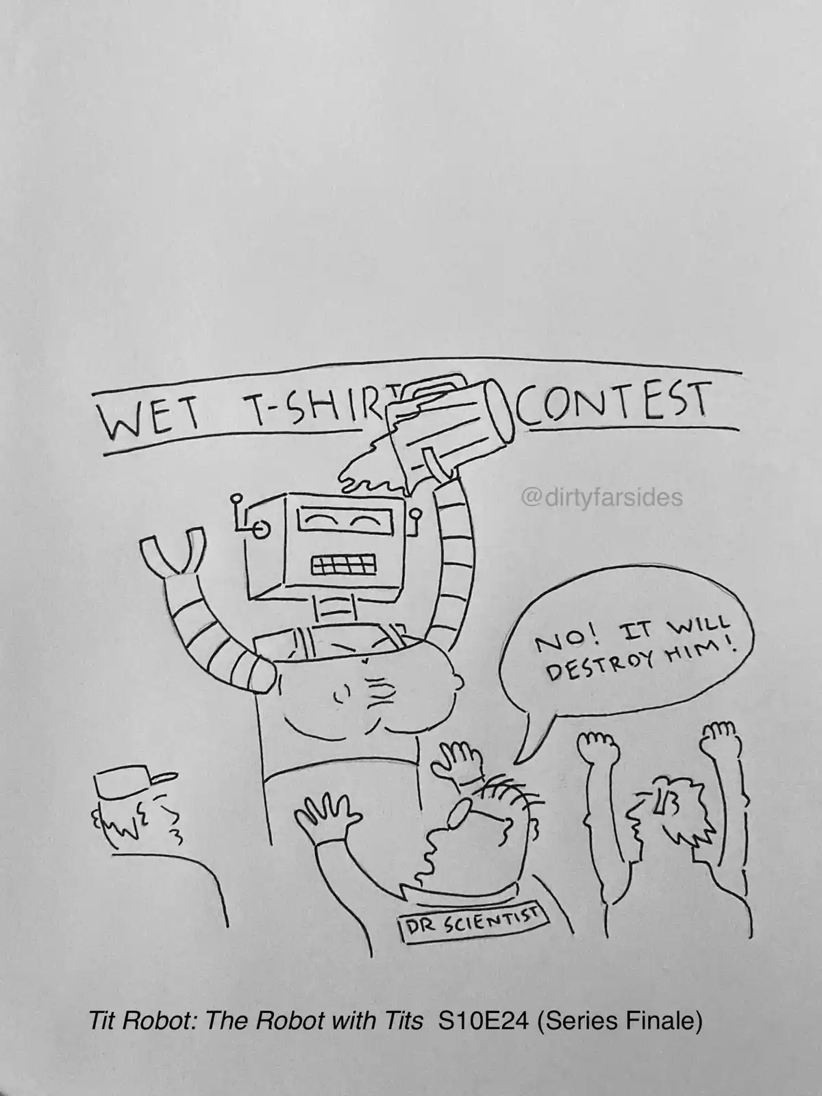 A black-and-white cartoon depicts a robot with a human-like torso and a boxy head, holding a wet t-shirt above its head at a…