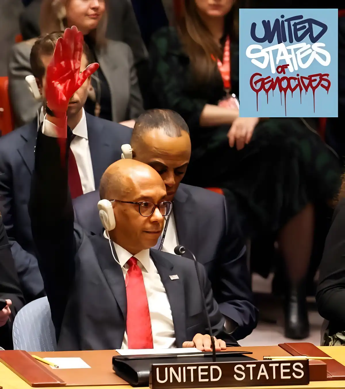 A man in a suit and red tie sits at a UN table with a 'UNITED STATES' placard, raising a red-gloved hand. A graphic overlay…
