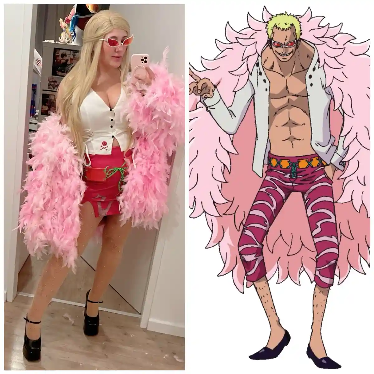 A side-by-side image shows a person in a cosplay outfit on the left, featuring a long blonde wig, white top, red skirt, pink…