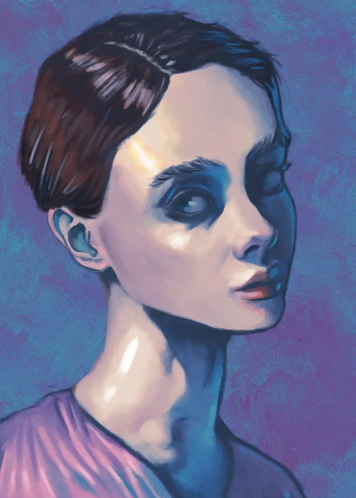 A stylized digital painting of a person with short brown hair, looking off to the side with one eye open and the other…