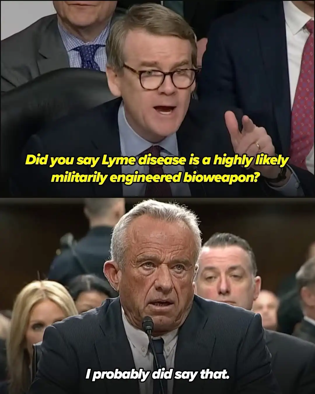 The meme features two panels from a congressional hearing. The top panel shows a man in glasses and a suit asking, "Did you…