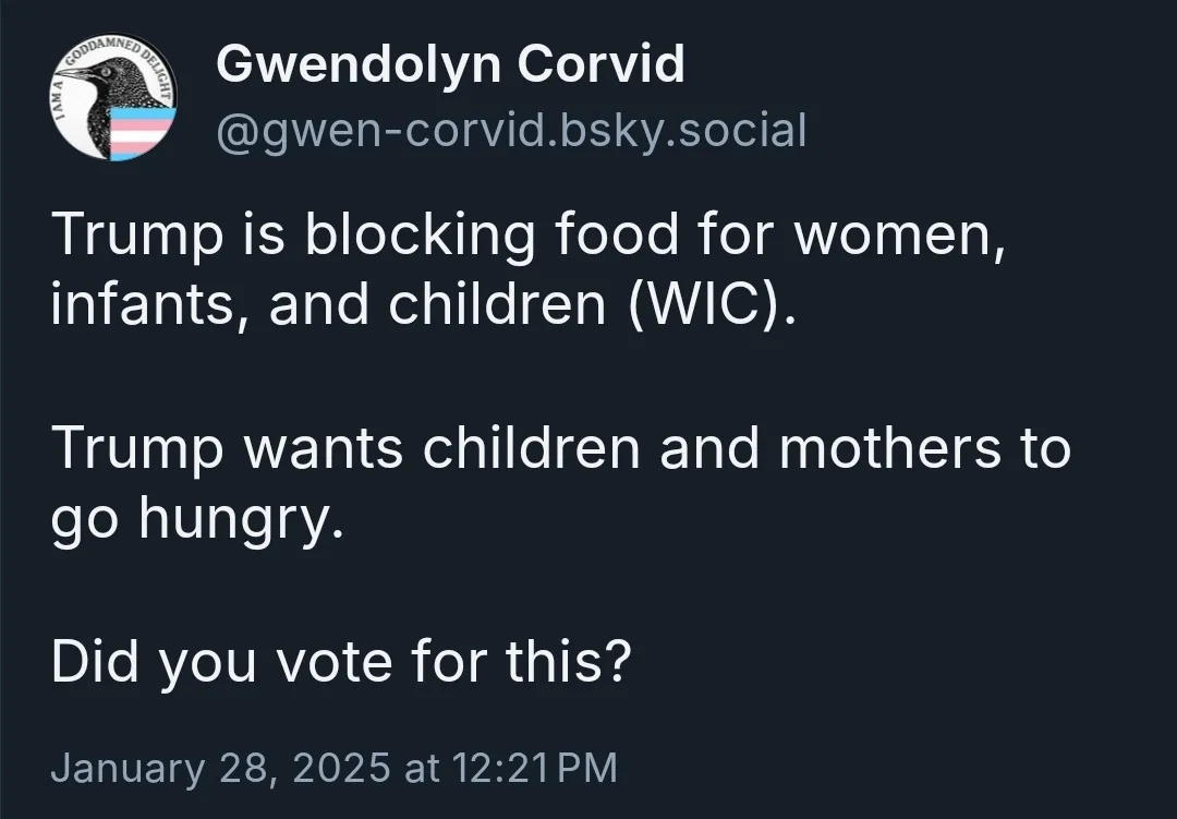 A screenshot of a social media post by 'Gwendolyn Corvid' on a dark background, displaying white text that accuses Trump of…