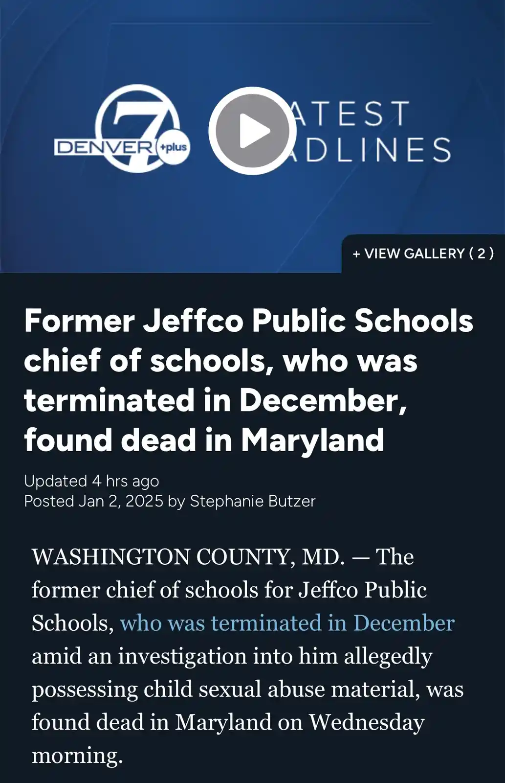 A screenshot of a Denver 7 Plus news article headline about a former school chief found dead in Maryland, with the text…