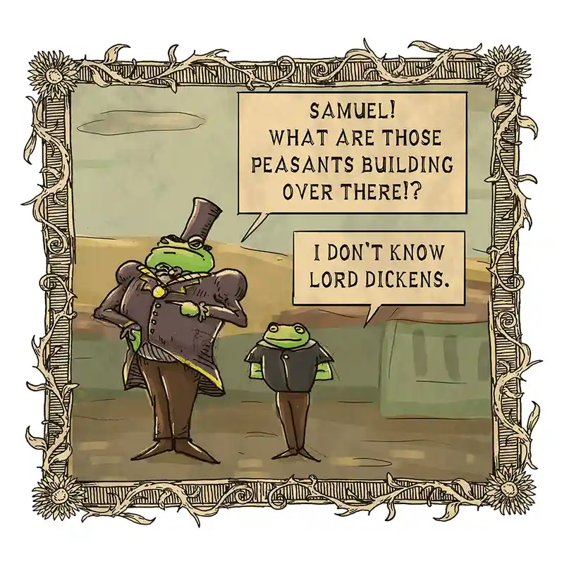 Two anthropomorphic frogs dressed in Victorian-era clothing stand in a framed illustration. The taller frog, wearing a top…