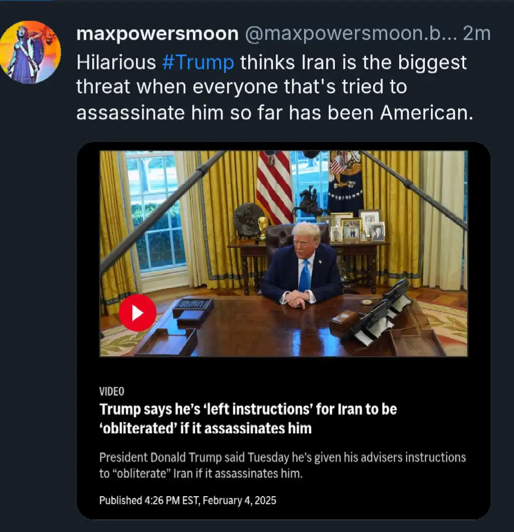 A screenshot of a tweet shows a video thumbnail of Donald Trump sitting at a desk in the Oval Office. The video's caption…