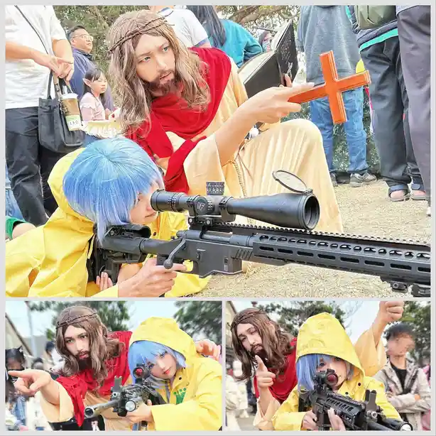 A person dressed as Jesus, holding a wooden cross and an open book, points at a person in a yellow raincoat with blue hair…