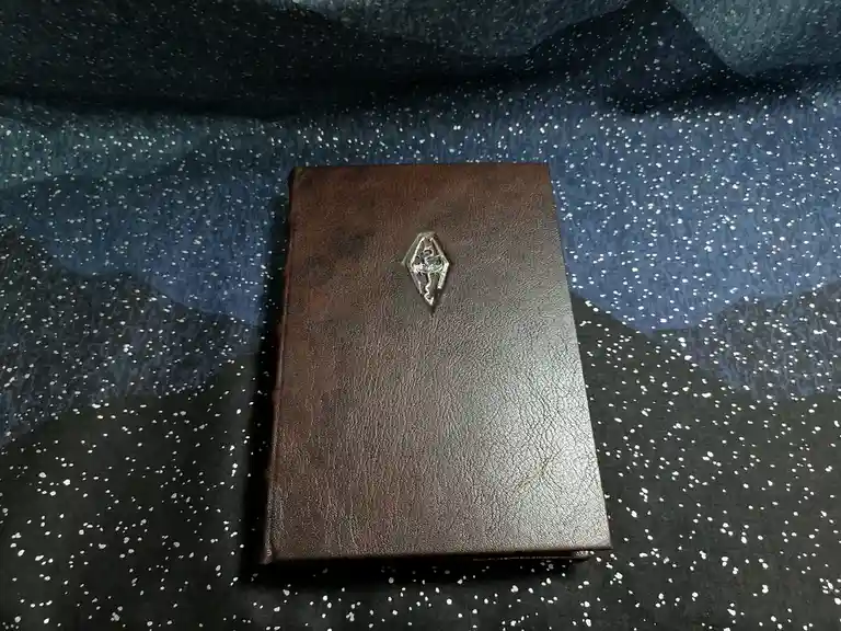 A brown leather-bound book with a silver hexagonal emblem featuring a stylized figure stands upright on a dark blue and…