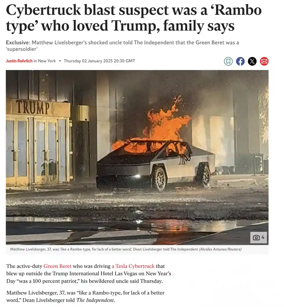 A Tesla Cybertruck is engulfed in flames on a street at night, with a building entrance displaying 'TRUMP' above its doors…