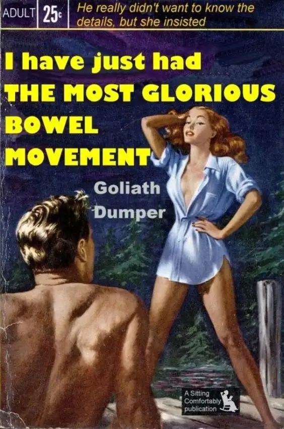 An old-style adult pulp novel cover shows a shirtless man viewed from behind and a woman in a blue robe posing confidently…