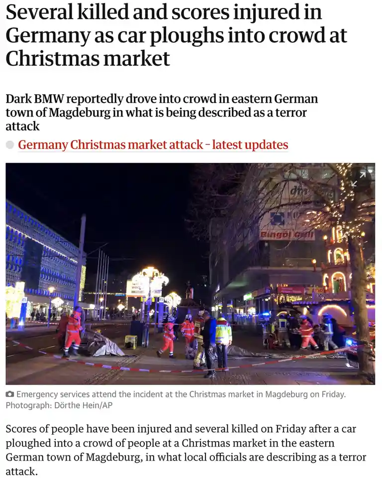 A news article screenshot shows emergency responders at a nighttime scene in Magdeburg, Germany, where a dark BMW reportedly…