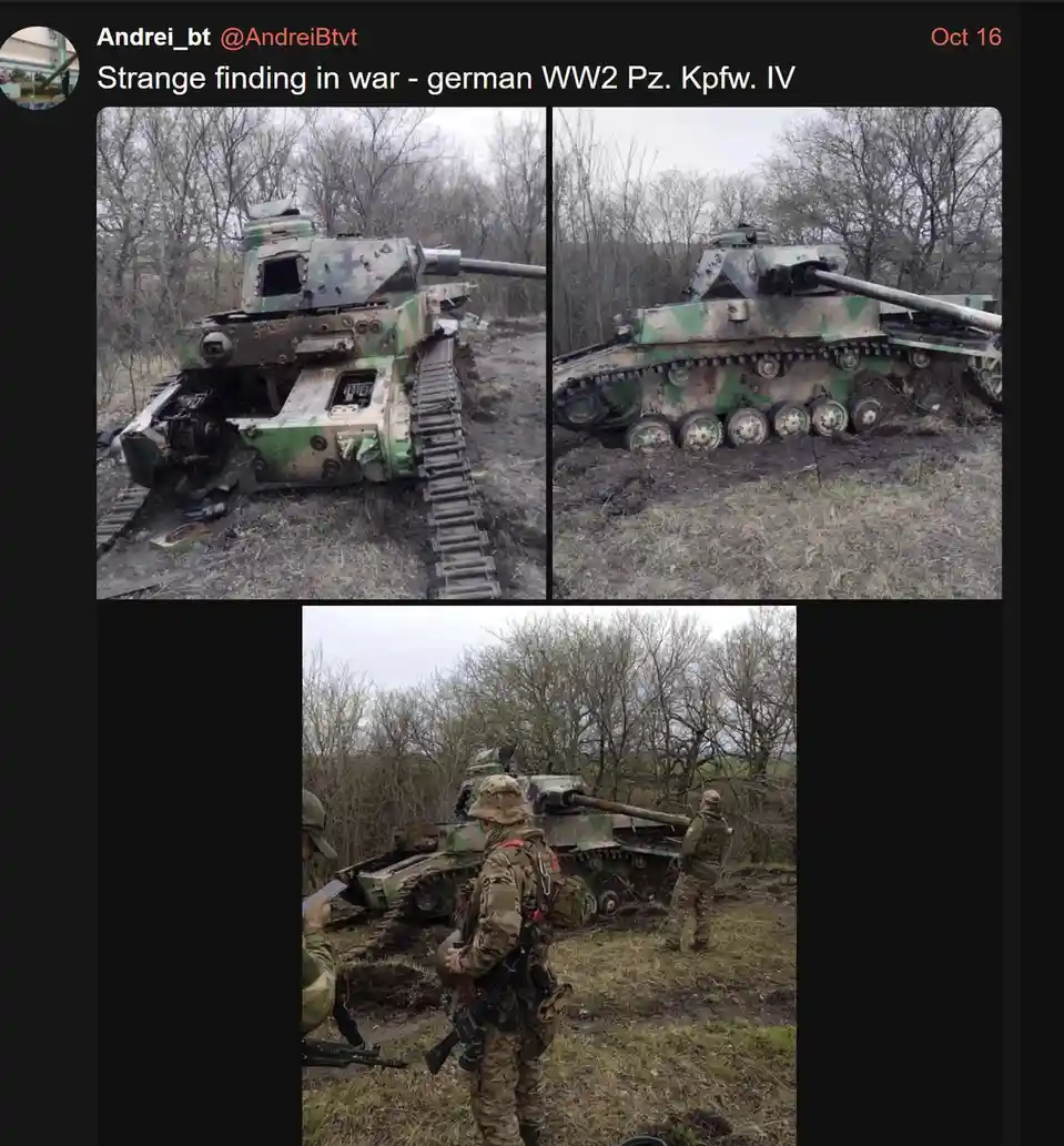 Three photos show a heavily damaged German WW2 Pz. Kpfw. IV tank in a muddy field with bare trees, its front hull missing…