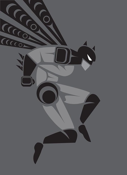 A stylized, monochrome illustration of Batman in a dynamic, crouching pose against a plain gray background, with his cape…