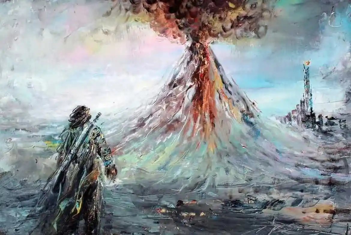 A painterly, abstract image shows a lone figure in dark, flowing robes standing before a massive, erupting volcano. The…
