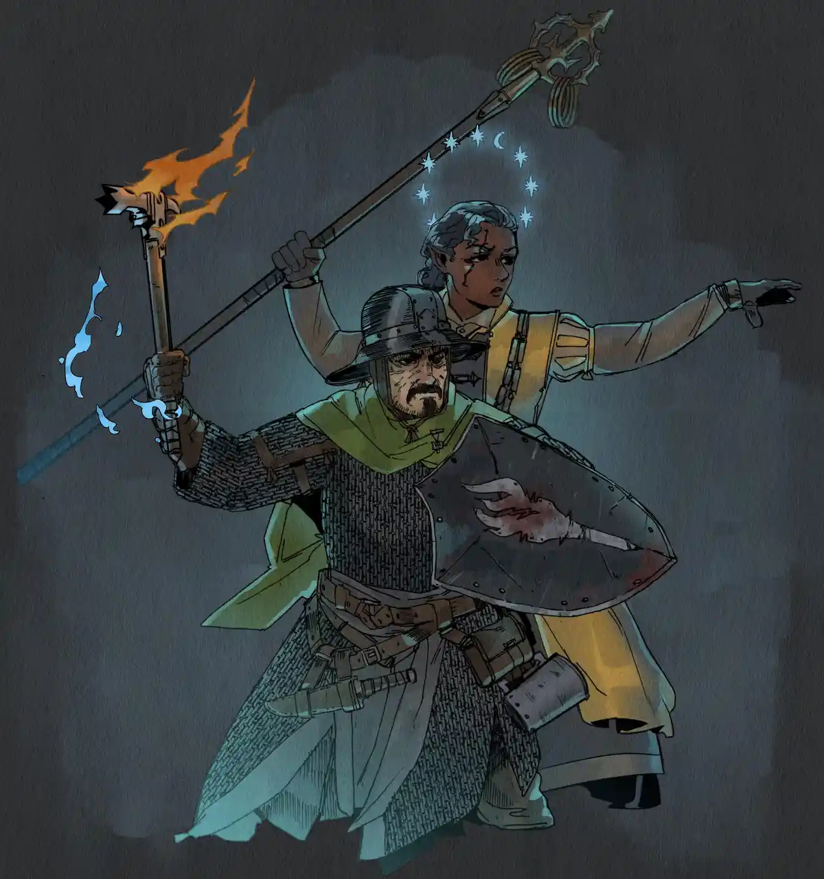 An illustration shows a heavily armored knight in chainmail and a green cloak, holding a flaming torch and a shield with a…