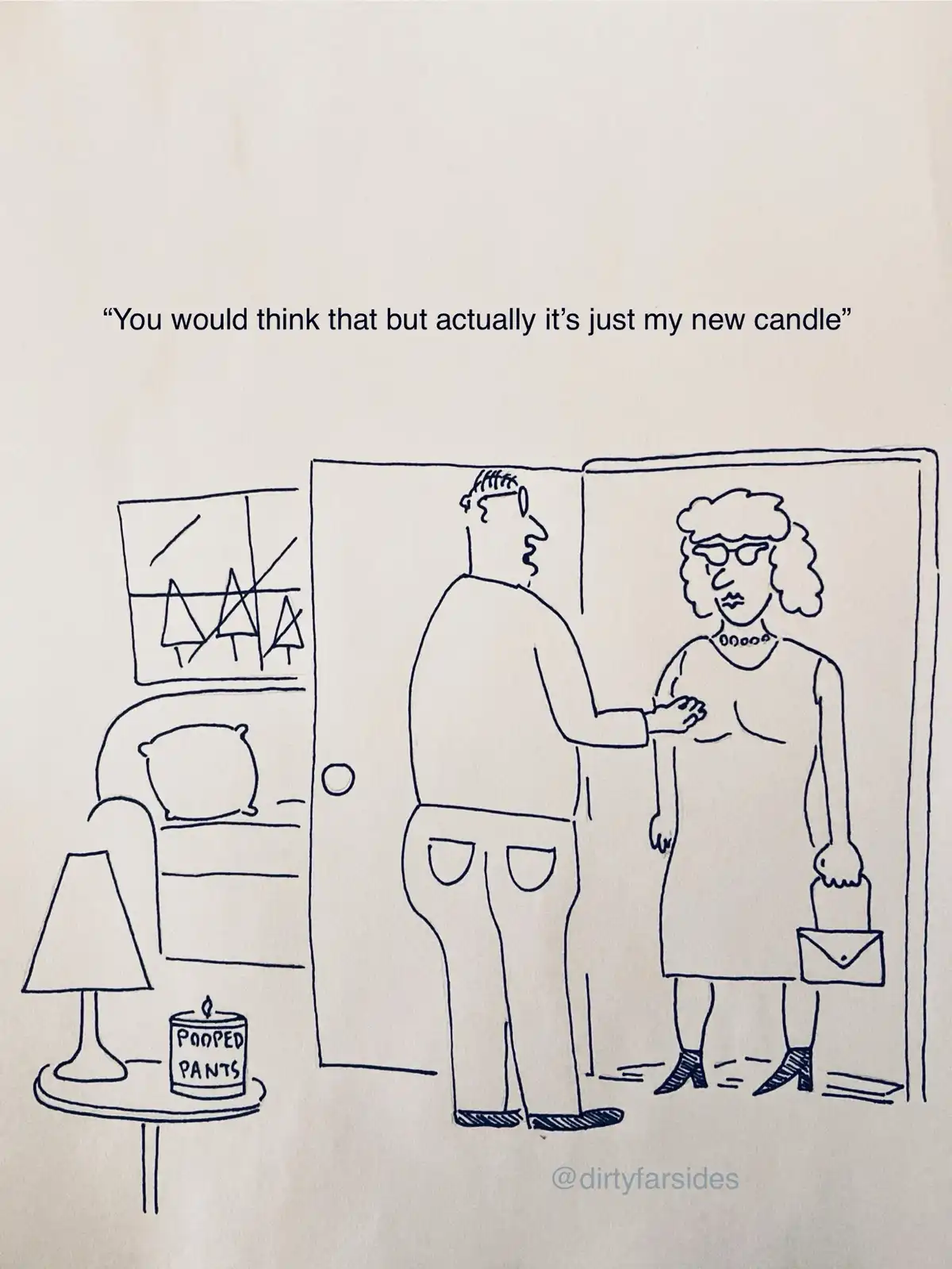 A black-and-white line drawing shows a man and a woman standing in a doorway. The woman, holding a purse, looks at the man…