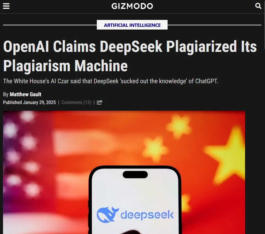 A screenshot of a Gizmodo article titled 'OpenAI Claims DeepSeek Plagiarized Its Plagiarism Machine' with a blurred…