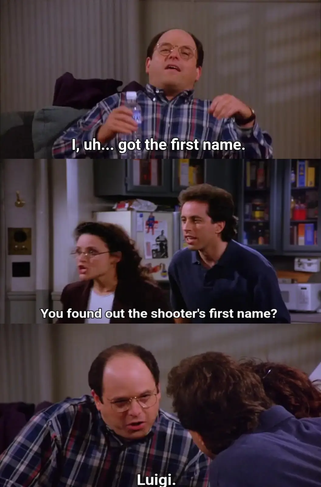 Three-panel meme from Seinfeld showing George Costanza nervously revealing he found the shooter's first name, which is…