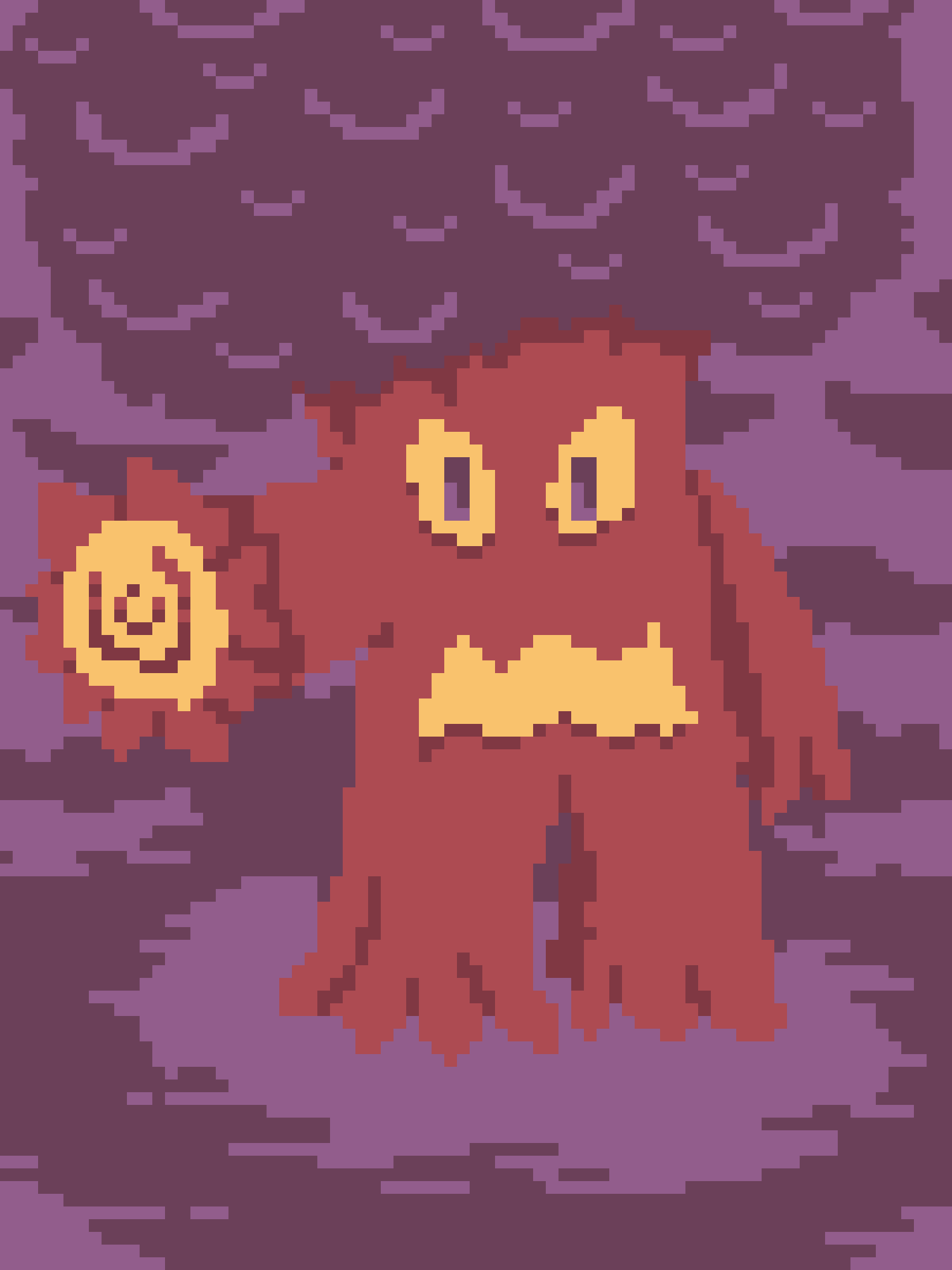 A pixelated, reddish-brown monster with large yellow eyes and a wide yellow mouth stands against a purple, cloudy…