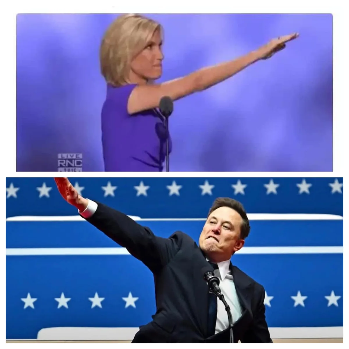 The top panel shows a woman in a purple dress pointing forward at a podium with a 'LIVE RNC' logo in the corner. The bottom…