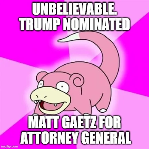 A pink cartoon Pokémon named Slowpoke is shown with a wide, surprised grin against a bright pink background with radiating…