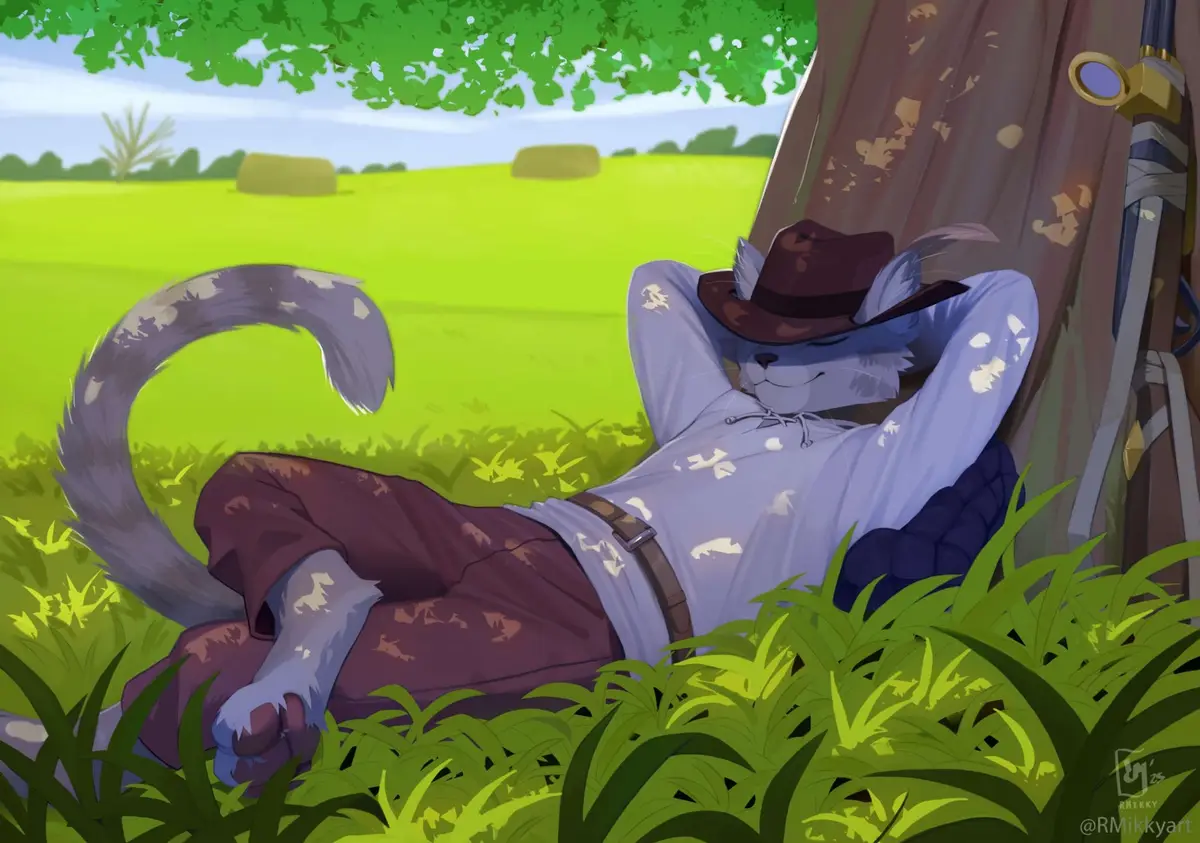 A cartoon anthropomorphic cat with grey and white fur, wearing a brown cowboy hat, a light blue shirt, and brown pants, is…