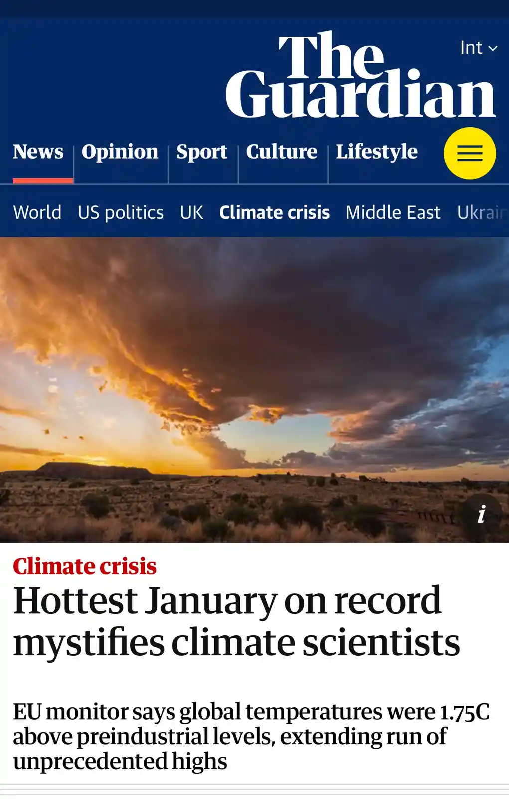 The image displays a screenshot of The Guardian's news website, featuring a dramatic sunset over a dry landscape. The…