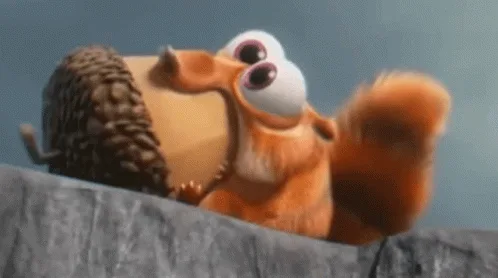 A cartoon squirrel with a large acorn on its head is shown in six panels, each depicting the same scene with slight…