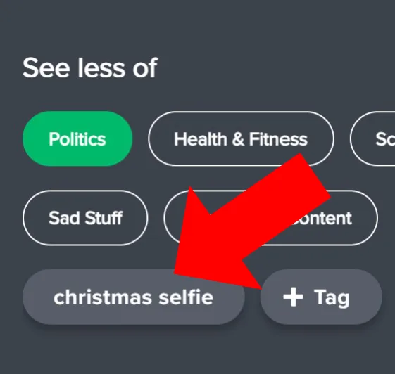 A screenshot of a social media settings menu titled 'See less of' shows options like 'Politics', 'Health & Fitness', and…