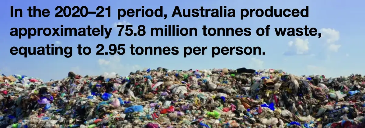 The image shows a massive landfill filled with colorful plastic and other trash under a blue sky. Overlaid text states that…