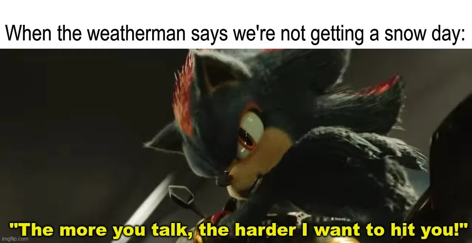 A close-up of the animated character Shadow the Hedgehog from Sonic the Hedgehog 2, shown with a furious expression, his…