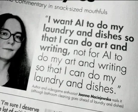 A black-and-white newspaper clipping shows a photo of a woman with glasses next to a quote attributed to her. The quote…