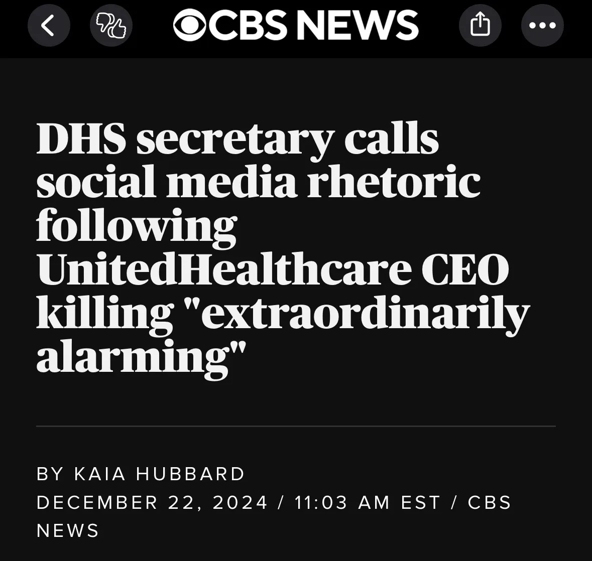 A screenshot of a CBS News article headline in white text on a black background, stating 'DHS secretary calls social media…