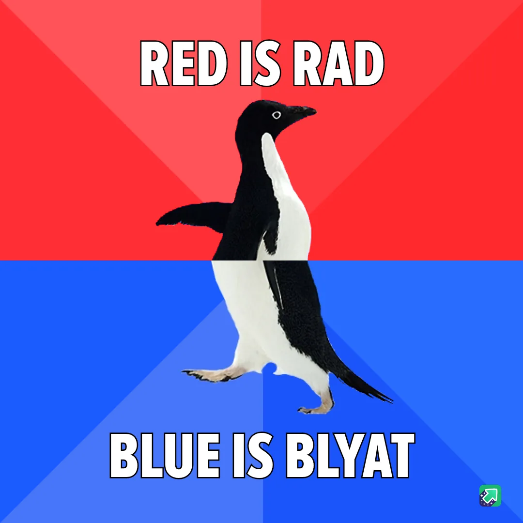 A black-and-white penguin stands centered against a split background, half red and half blue. White bold text reads 'RED IS…