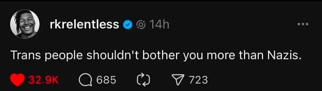 A screenshot of a social media post by user 'rkrelentless' with a blue verification checkmark, showing a comment that reads…