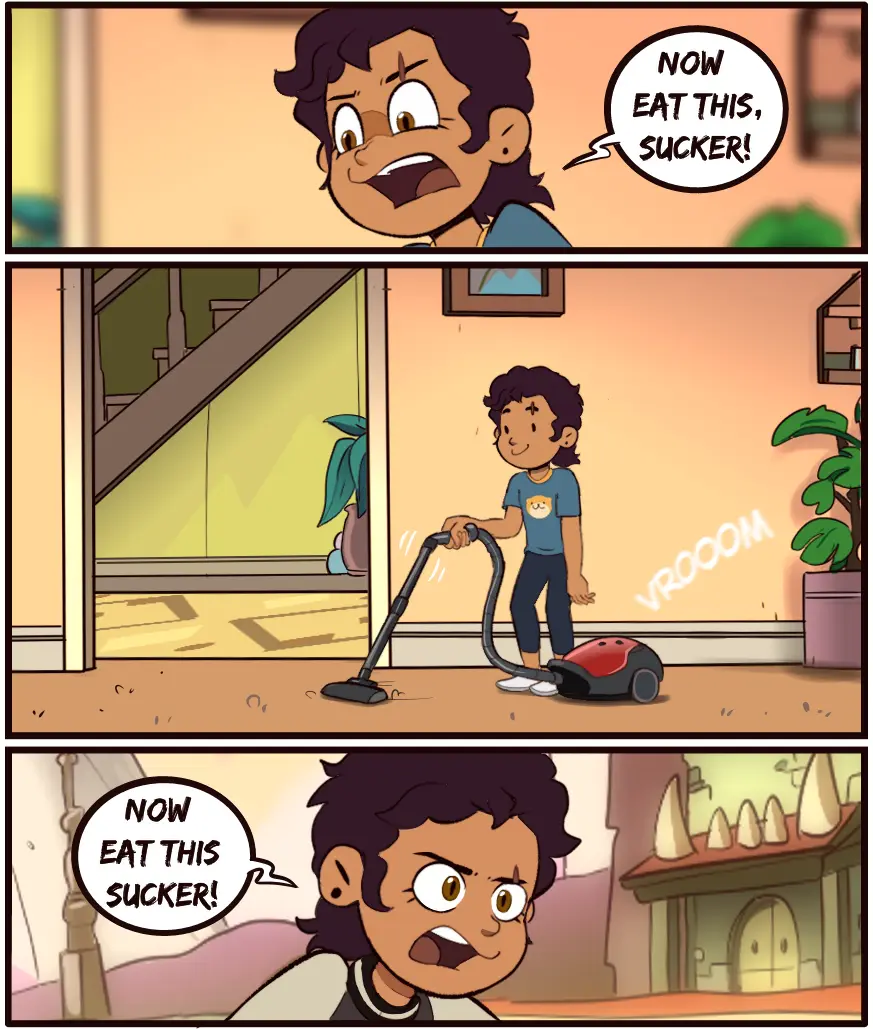 A three-panel comic strip shows a young boy with dark curly hair. In the first panel, he shouts 'NOW EAT THIS, SUCKER!' with…