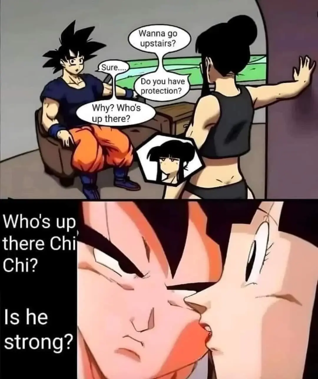 The image is a two-panel Dragon Ball manga scene. In the top panel, Goku sits in a chair while Chi-Chi asks if he wants to…