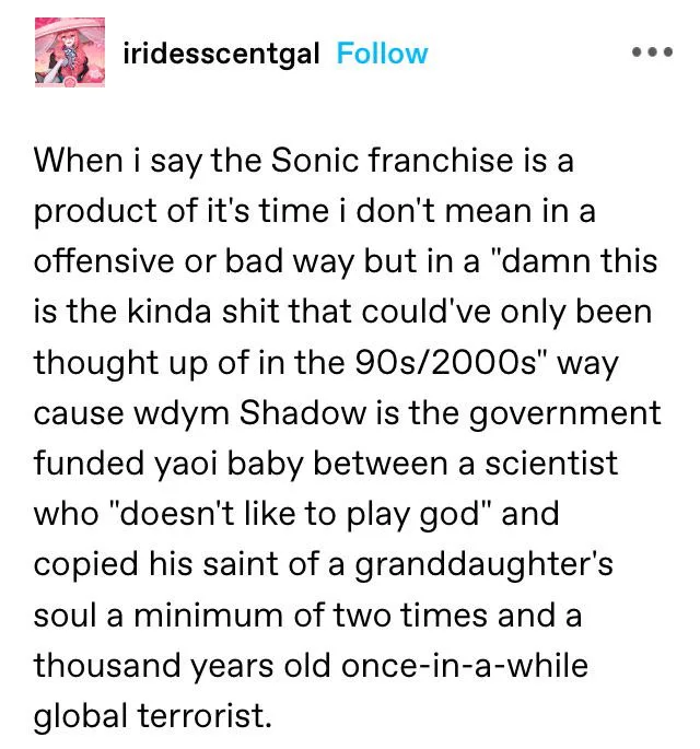 A screenshot of a social media post by user 'iridesscentgal' featuring a long text paragraph that humorously critiques the…
