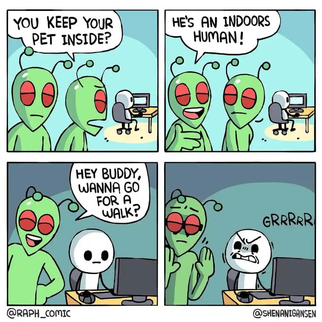 A four-panel comic shows two green aliens observing a white humanoid sitting at a desk. The aliens initially ask if the…