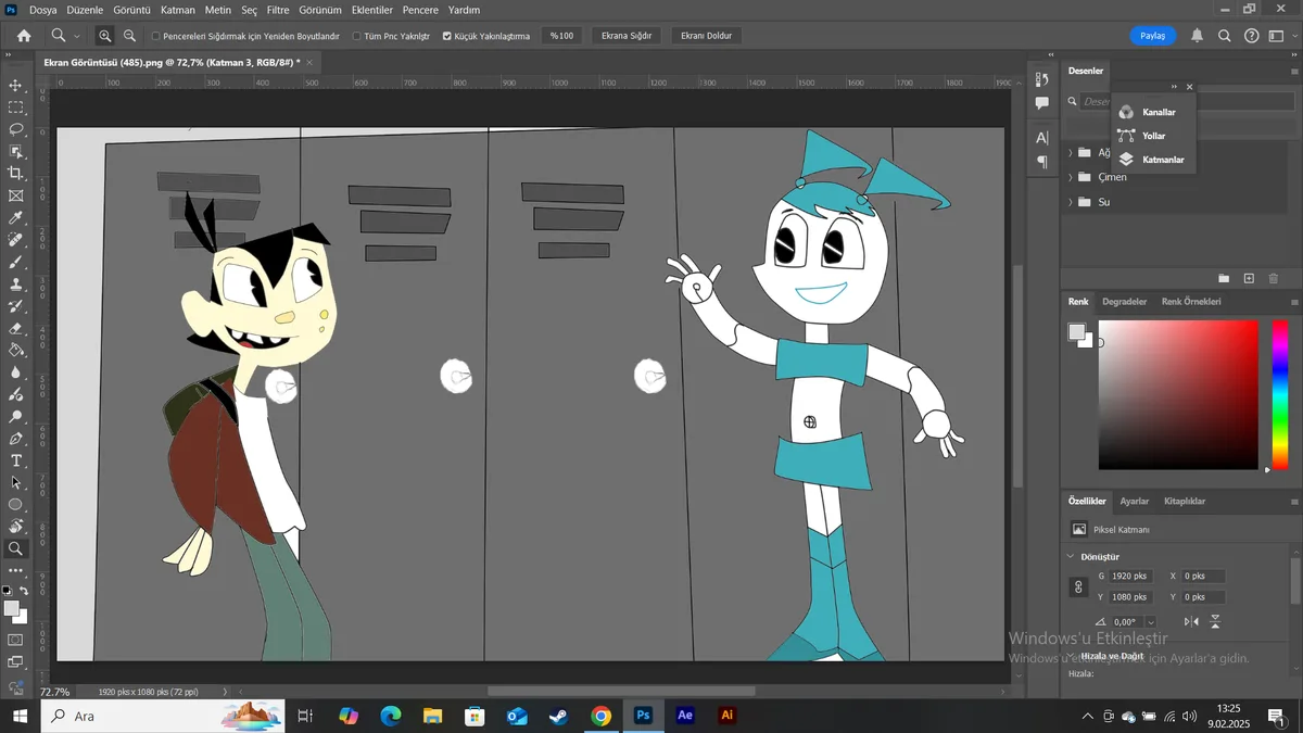 An image of the cartoon characters Kim Possible and Ron Stoppable standing in front of lockers, viewed within the Adobe…