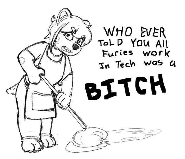 A black-and-white sketch shows an anthropomorphic feline character wearing an apron and mopping a puddle on the floor with a…